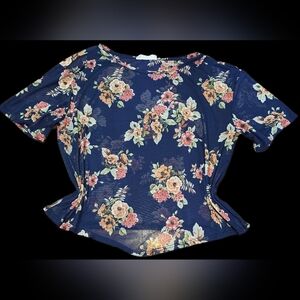 Urban Rebel, Sheer Mesh Floral Short-Sleeve Crop Top: Bohemian, Fairycore, Y2K